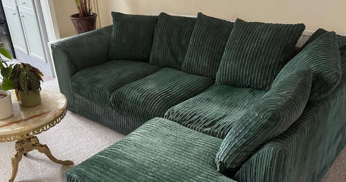 Dark green sofa recoloured with fabric paint Customer results using fabric paint